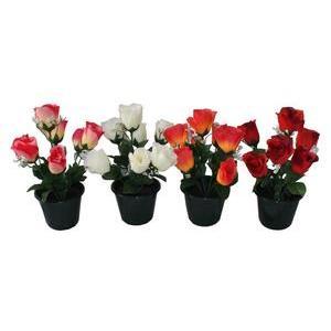 Pot de 7 roses ouvertes - Polyester, PVC et béton - H 30 cm - Orange, rouge, rose ou blanc