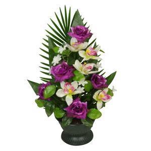 Vasque de roses, orchidées, palmes et lys - Plastique et tissus - H 52 cm - Différents coloris
