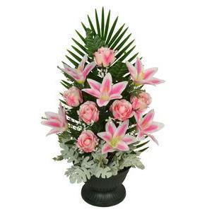 Vasque de roses, orchidées, palmes et lys - Plastique et tissus - H 52 cm - Différents coloris