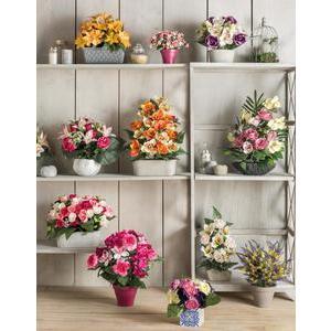 Vasque de roses, orchidées et marguerites - Ciment et tissus - H 31 cm à H 33 cm - Différents coloris
