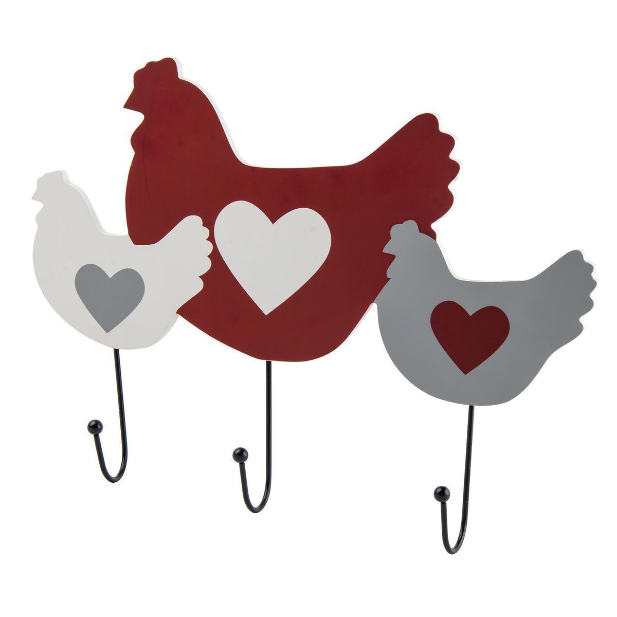 Patère en poule et cœur - MDF - 35,5 x H 25 cm - Blanc, rouge et gris