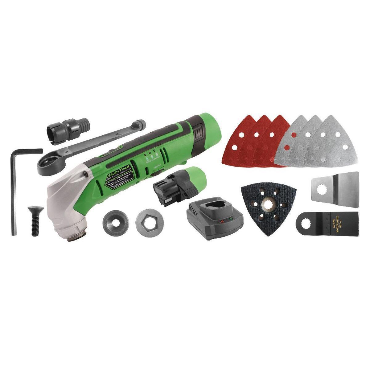 Outil multifonction + accessoires - Plastique et métal - 35 x 28 x H 11 cm - Noir, vert et gris