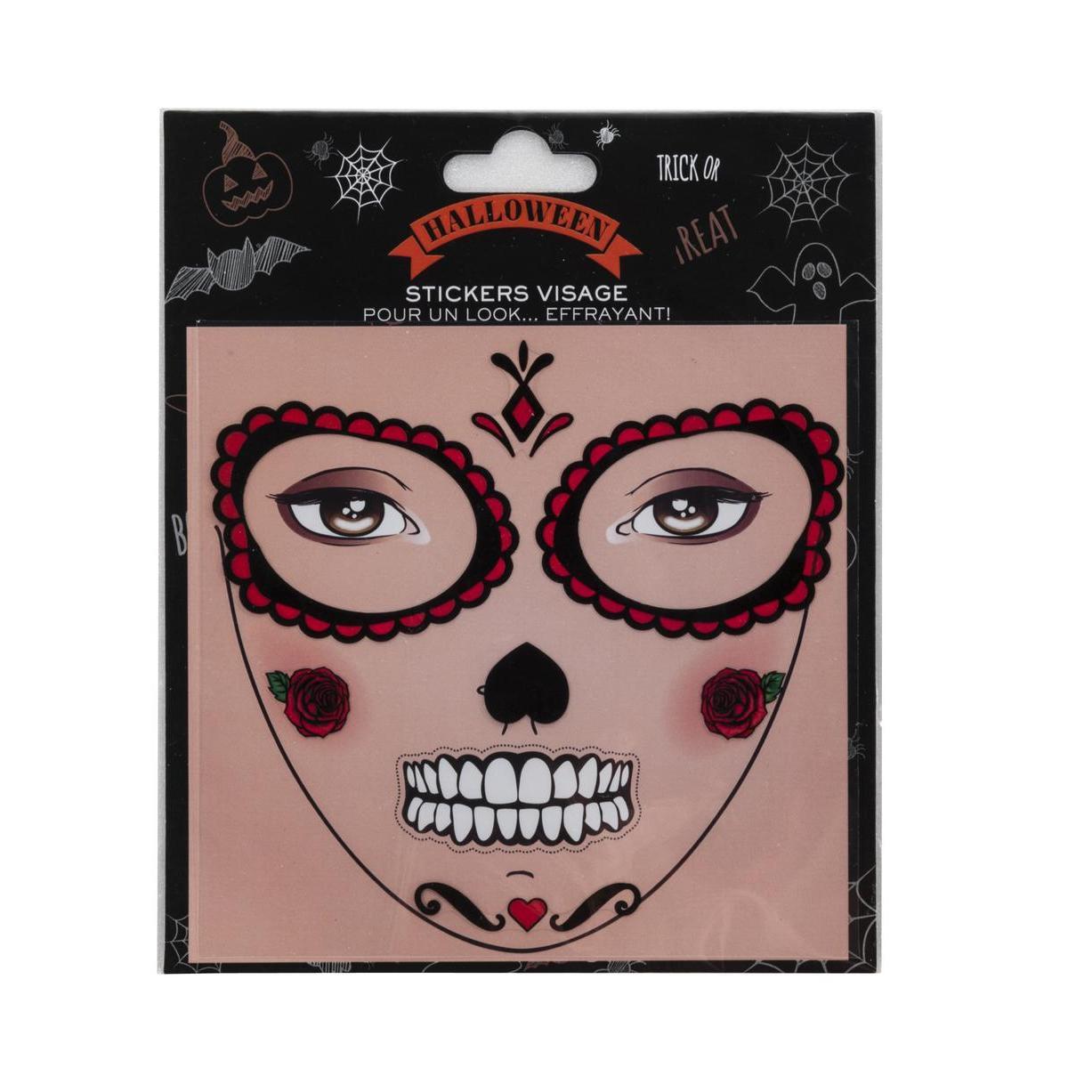 Stickers visage tête de mort mexicaine - 14 x H 17 cm - Noir, rouge te blanc