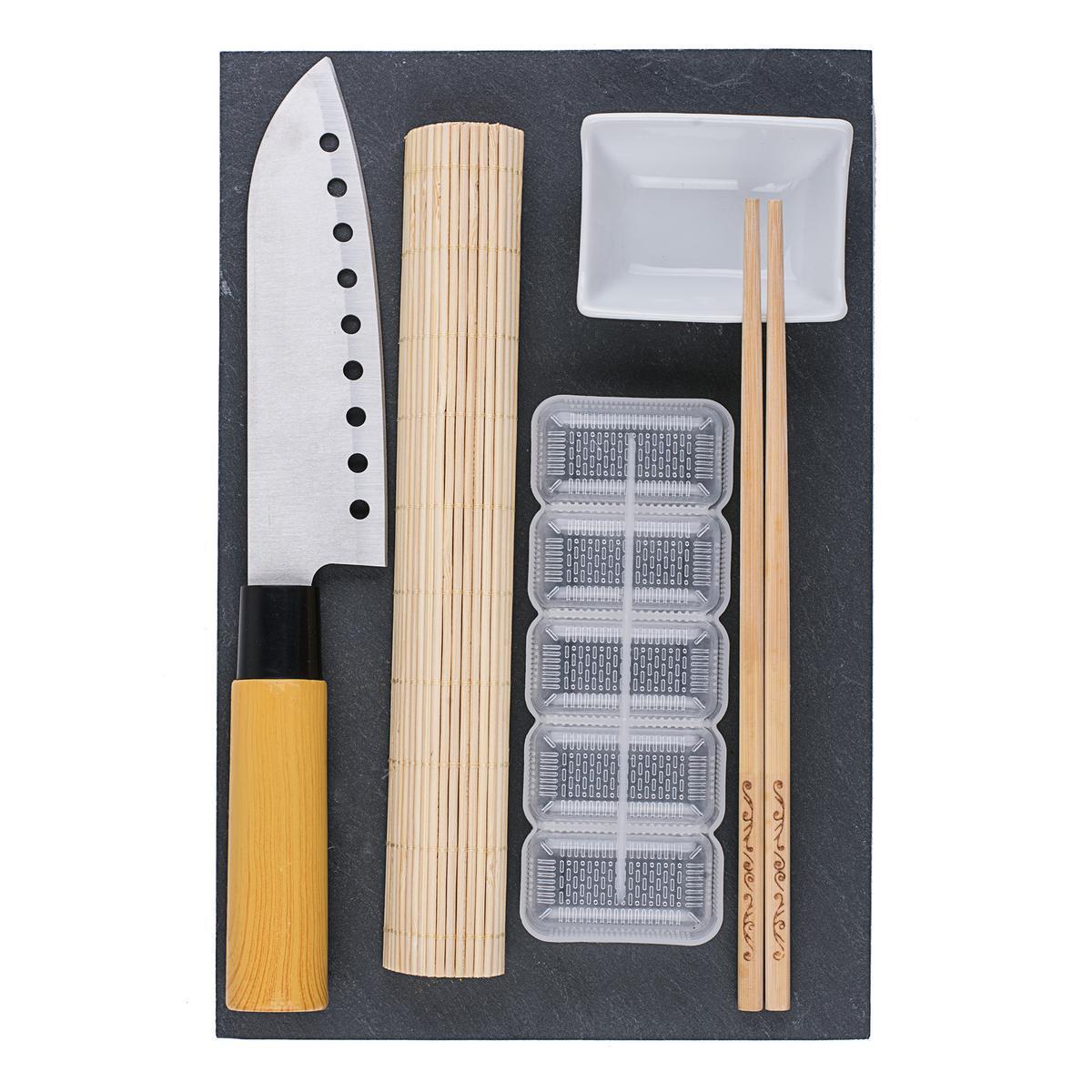 Kit à sushis - Différents accessoires - 30 x 20 x 4,5 cm - Blanc et marron