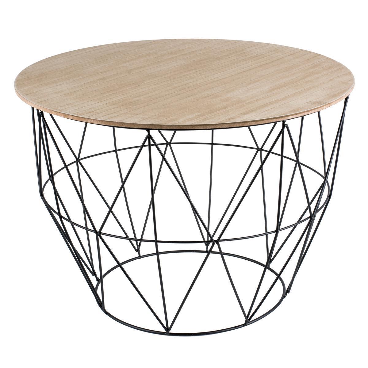 Table panier - MDF, métal et paulownia - 55 x 55 x H 41 cm - Noir et bois