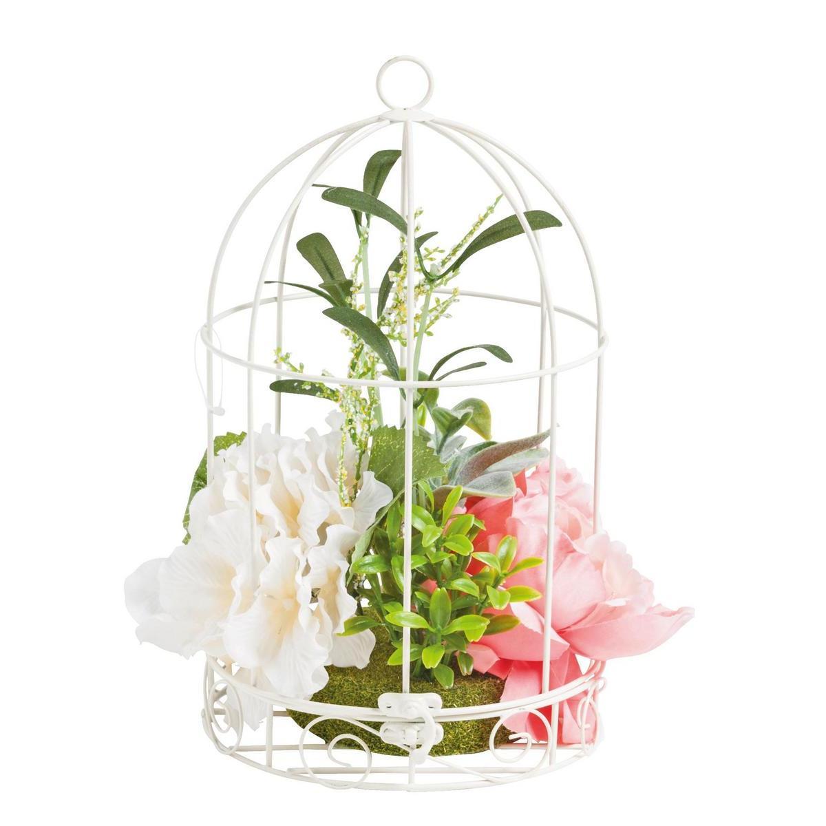 Hortensia et pivoine en cage - Métal et plastique - Ø 16 x H 26 cm - Rose et blanc