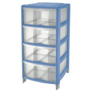 Tour de rangement 4 tiroirs - Plastique - 39,5 x 38,5 x H 86 cm - Bleu