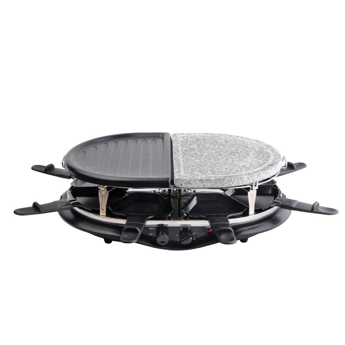 Raclette pierrade 8 personnes - Plastique, fer et pierre - 47,5 x 34 x H 12,5 cm - Noir