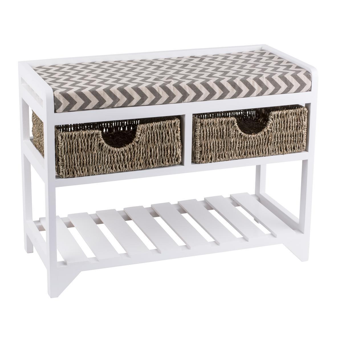 Banc de rangement - Paulownia et jonc de mer - 65 x 29 x H 48 cm - Blanc et gris