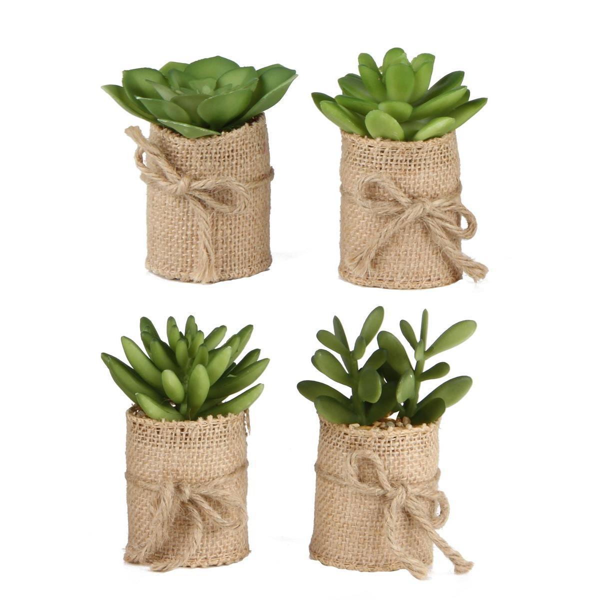 Succulente artificielle + sac en jute - H 9 cm - Différents modèles - Vert, beige