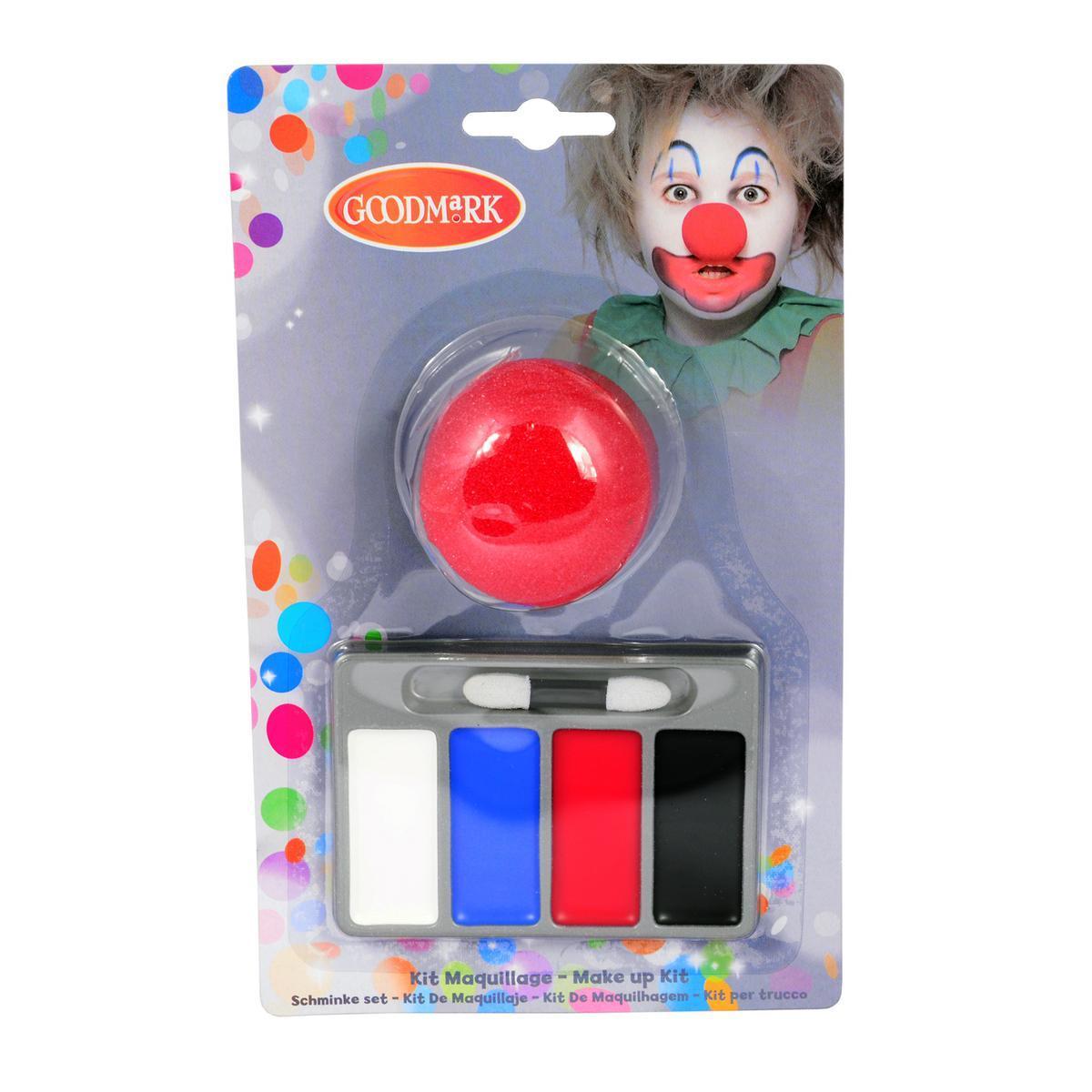 Kit de maquillage clown + nez - Blanc, rouge, bleu et noir