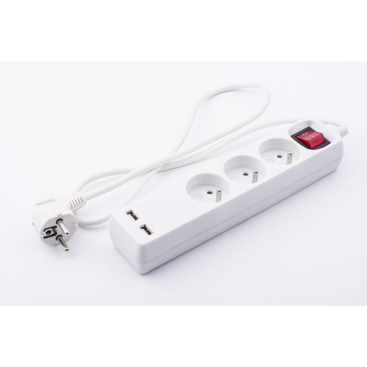 Multiprise 3 prises + 2 ports USB - 100 x 26 cm - Blanc