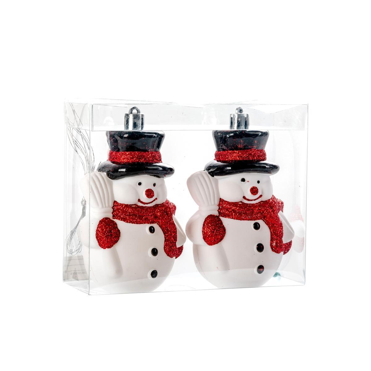 2 suspensions Bonhommes de neige - 6 x 5 x H 10.5 cm - Blanc, rouge, noir