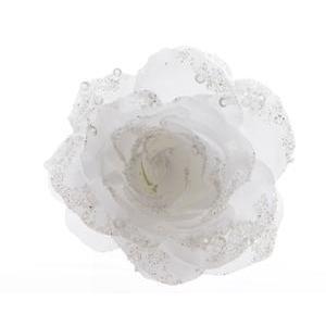 Rose pailletée avec perles sur clip - H 6 cm - Blanc