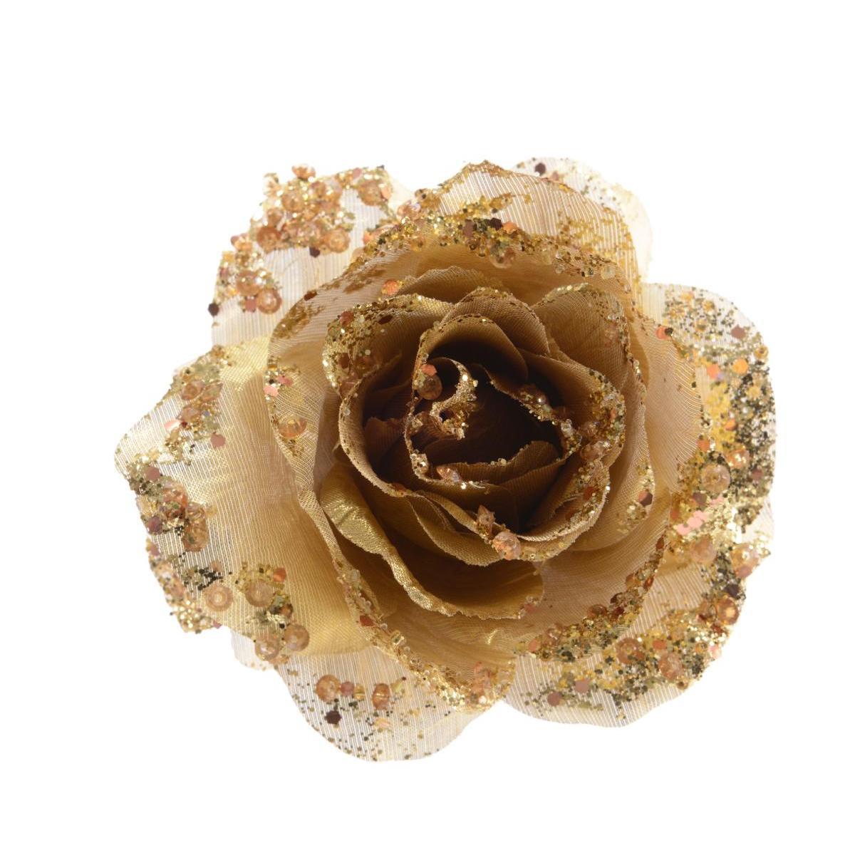 Rose pailletée, perles et sequins sur clip - Ø 14 cm - Beige rosé