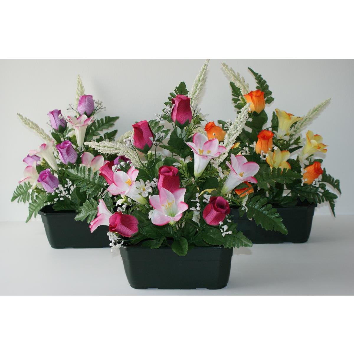 Jardinière de roses et de lys artificiels - ø 35 x H 45 cm - Différents coloris - Orange, violet, vert, rose
