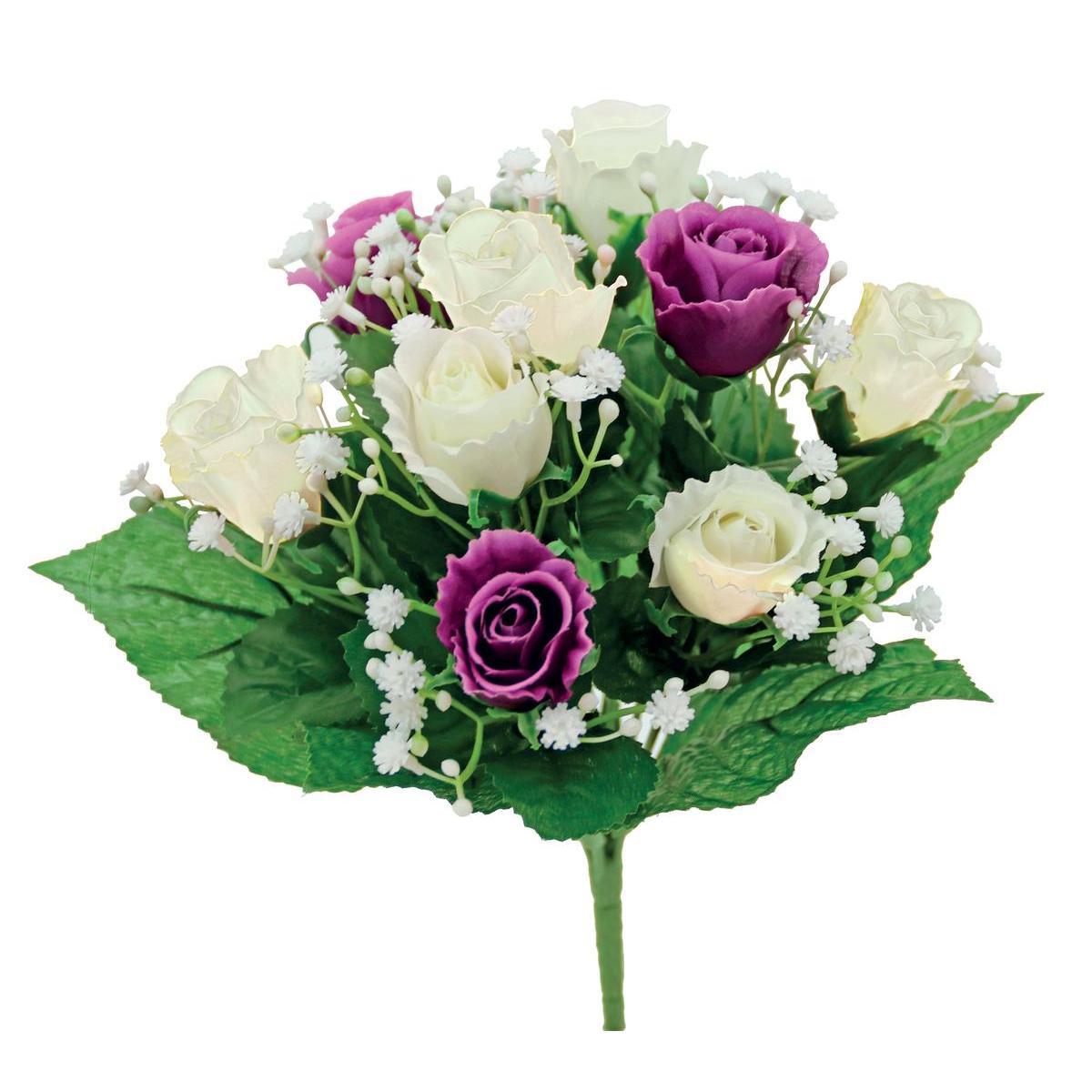 Bouquet de roses et de gypsophiles artificiels - H 27 cm - Différents coloris - Violet, vert, rose