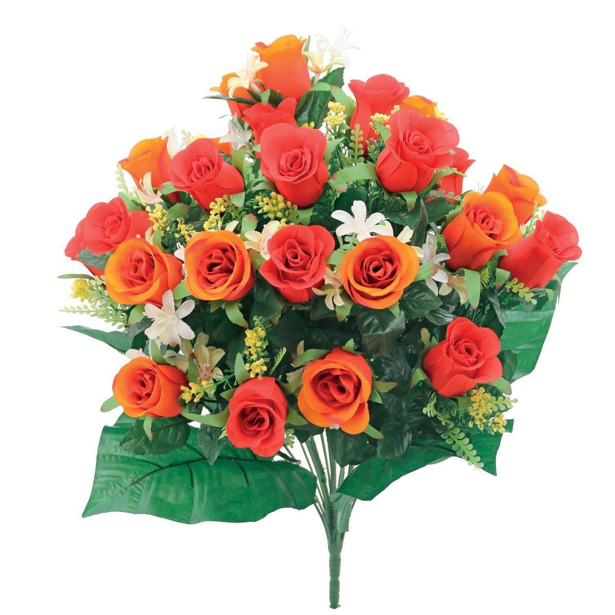 Bouquet de boutons de roses synthétiques - H 57 cm - Différents coloris - Orange, vert, rose