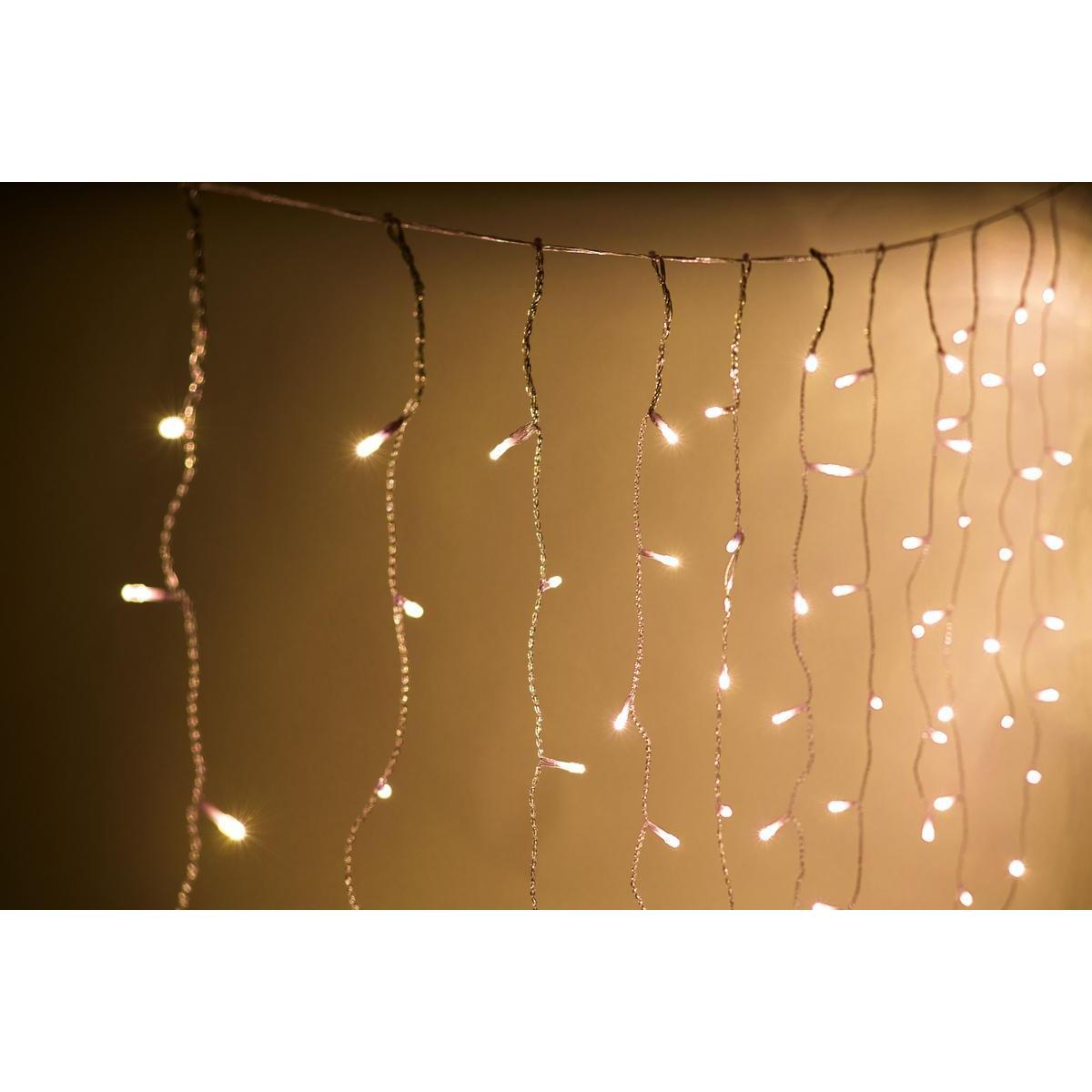 Guirlande électrique solaire rideau lumineux 100 LED - L 200 x H 50 cm - Blanc chaud