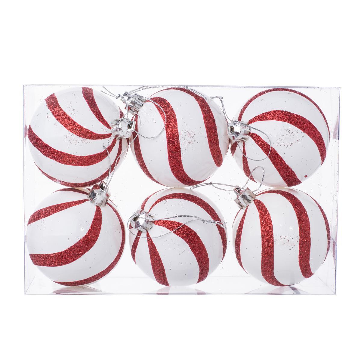 6 boules de Noël à torsades - ø 6 cm - Rouge, blanc