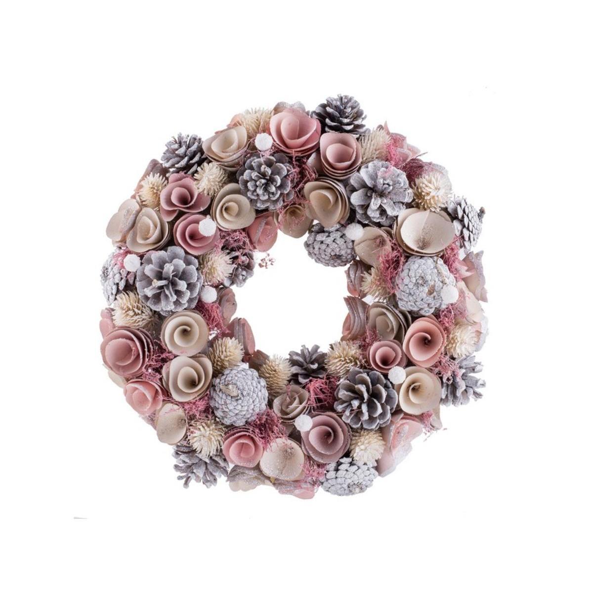 Couronne de pommes de pin blanchies - ø 34 cm - Rose