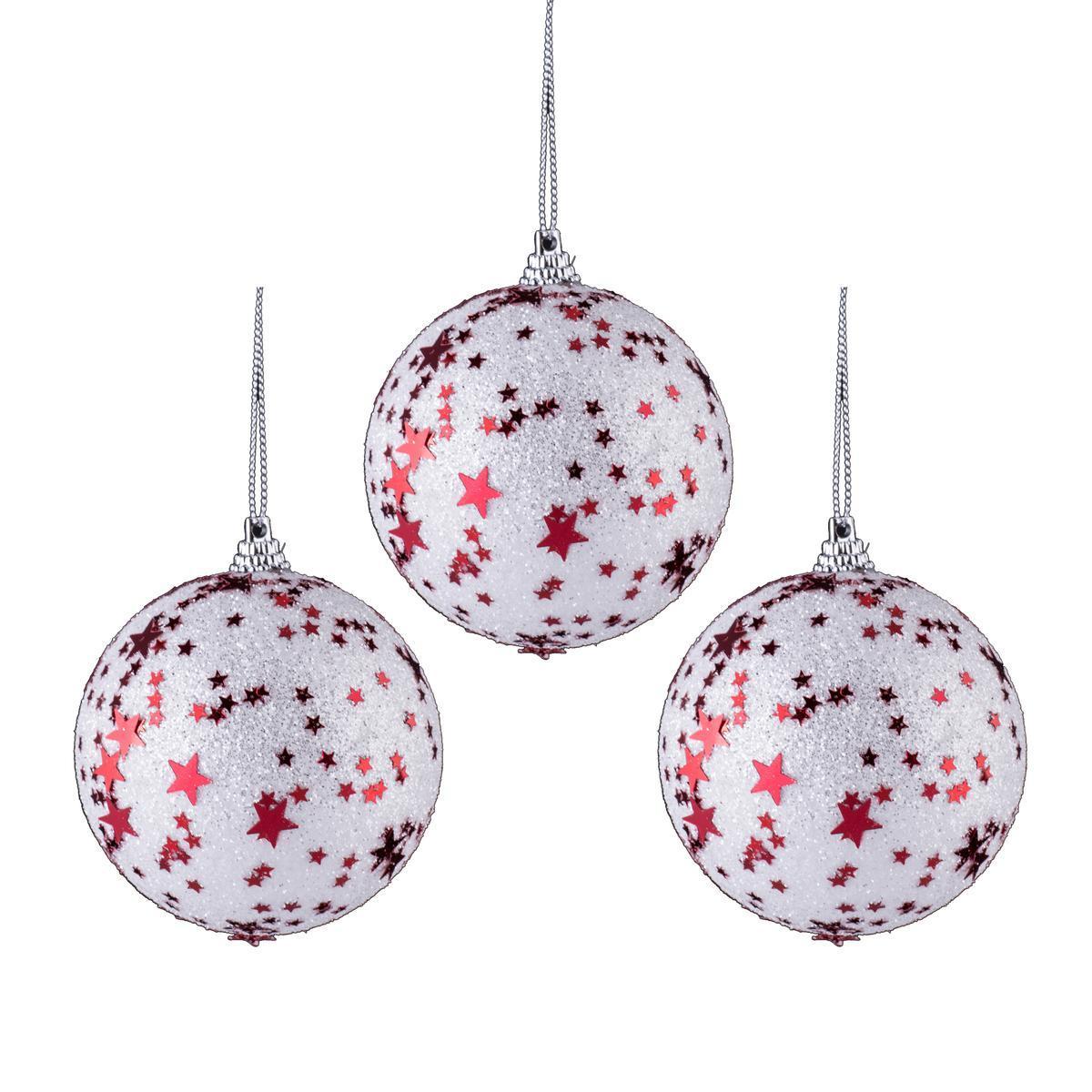 3 boules pailletées à étoiles - ø 8 cm - Rouge, blanc