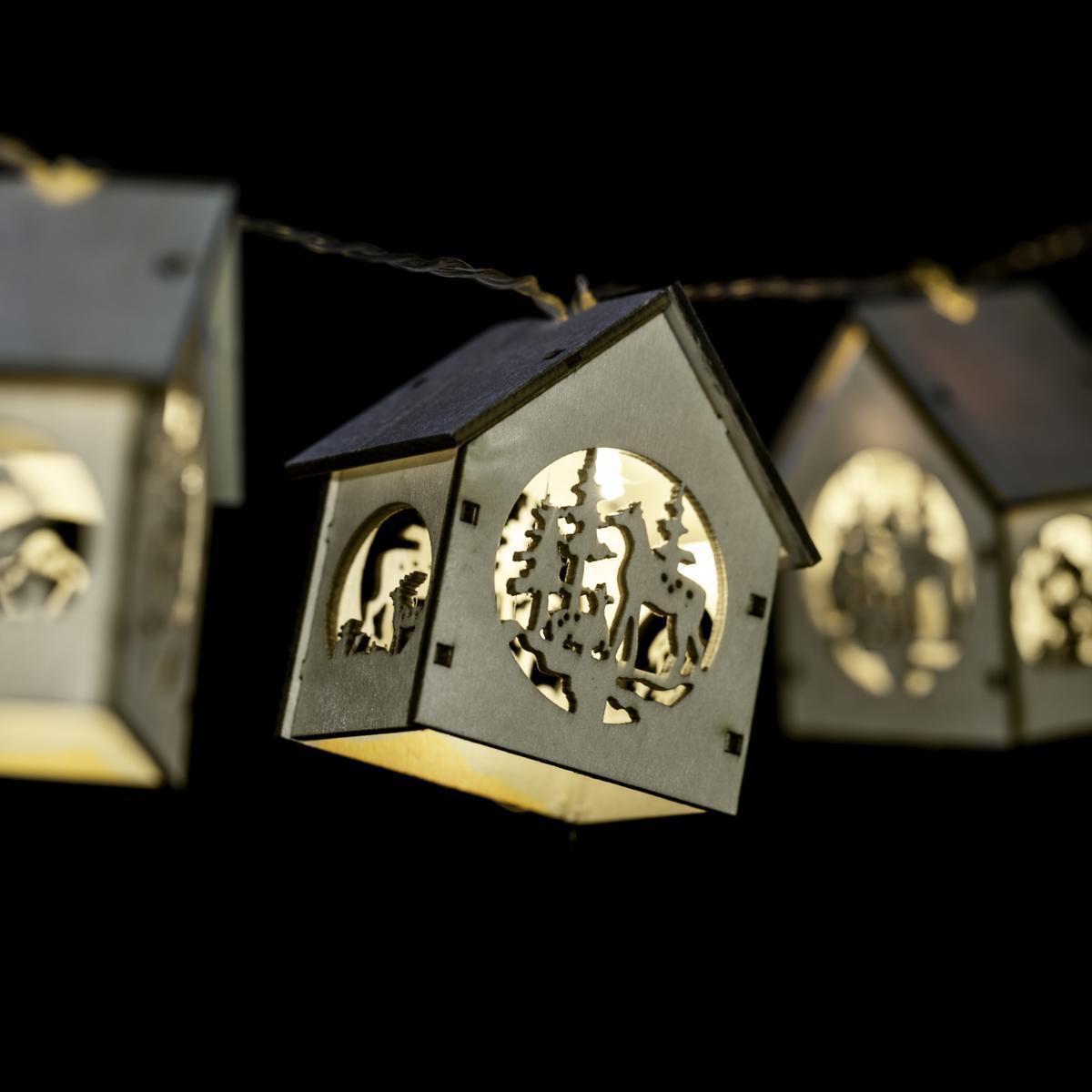 Guirlande intérieure lumineuse 10 maison bois LED blanc chaud à piles