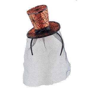 Serre-tête chapeau à voile en maille spécial Halloween - ø 16 x H 23 cm - Orange, noir