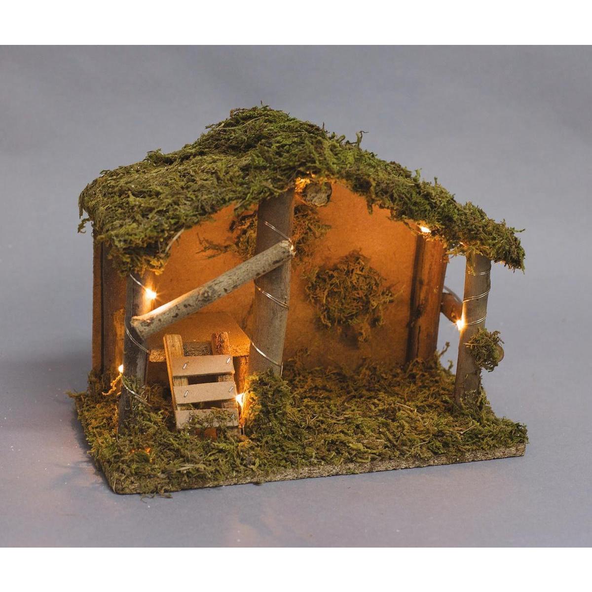 Crèche traditionnelle vide et lumineuse - 30 x 15 x 19 cm - Marron, vert