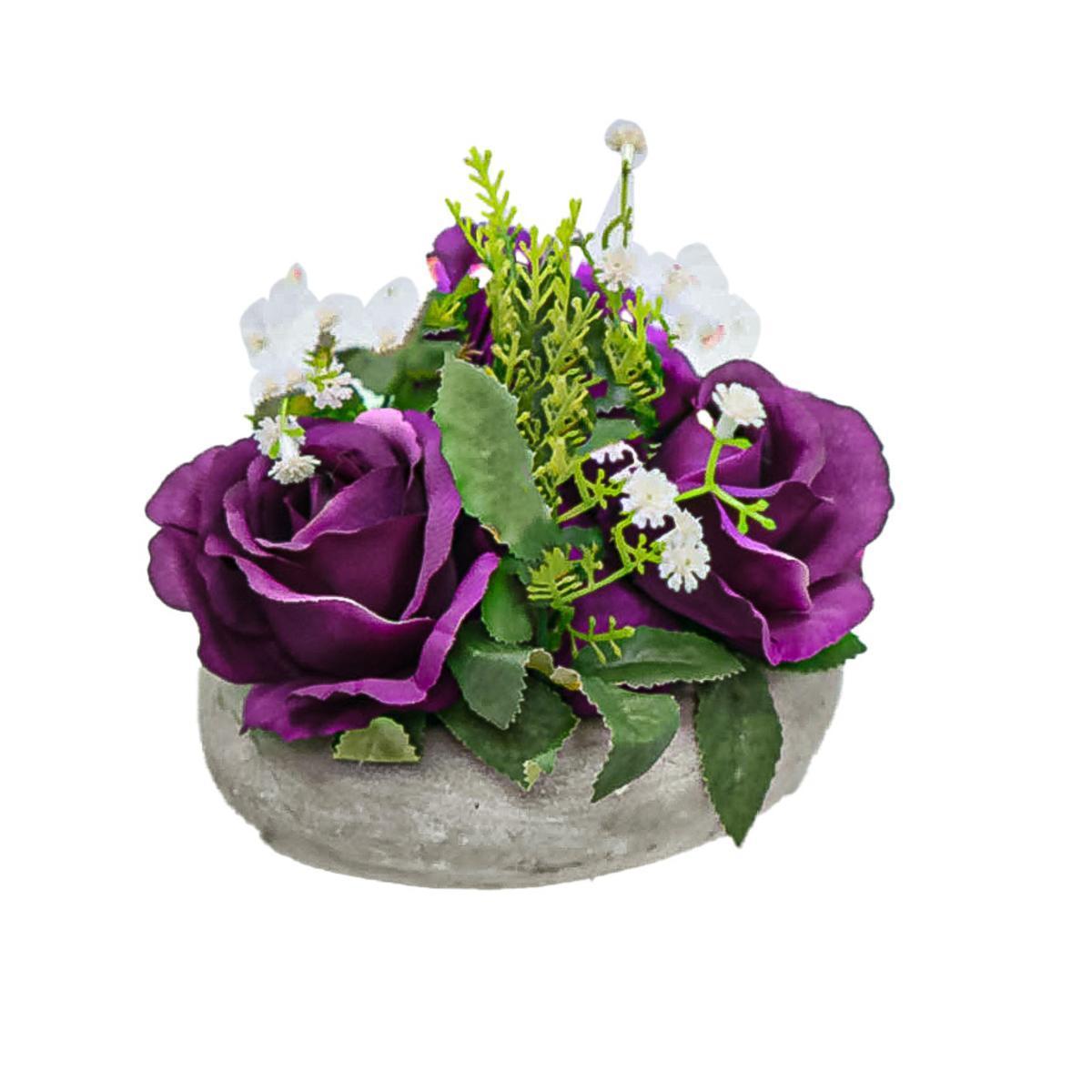 Roses artificielles et leur pot cœur - 17 x H 12 x 18 cm - Différents modèles - Gris, vert, rose