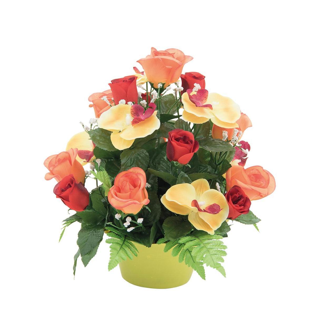 Potée composition de boutons de roses et orchidées - Différents coloris