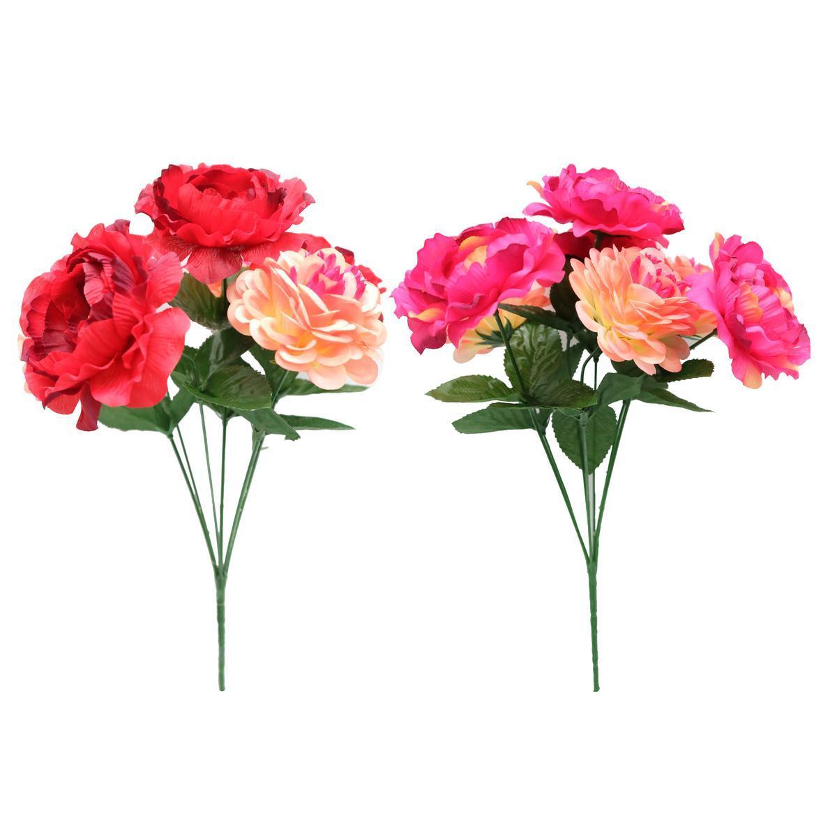 Bouquet de zinnias et renoncules artificiels - H 33 cm - Différents coloris - Rouge, orange, rose, vert