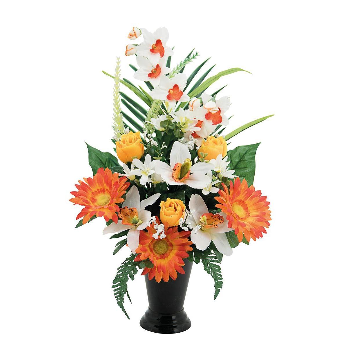 Potée composition de gerberas, boutons de roses et orchidées en pot - Différents coloris