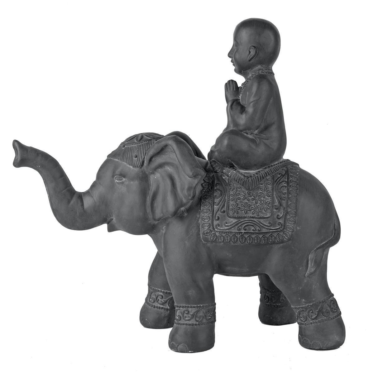 Bouddha sur éléphant - 60 x 25 x H 60 cm - Gris - MOOREA