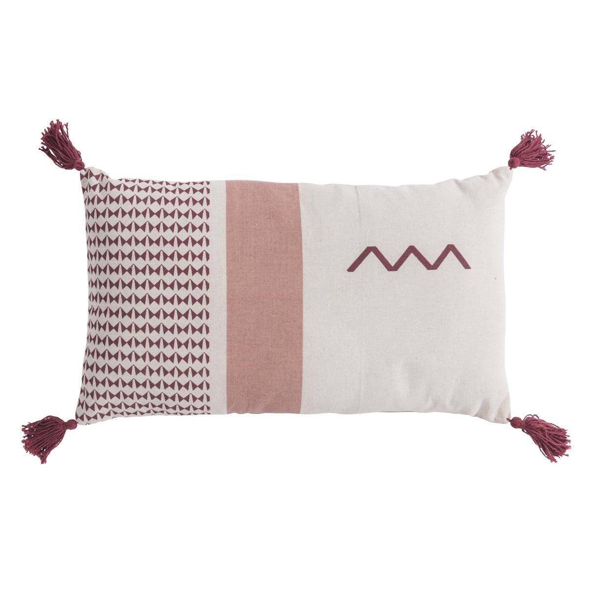 Coussin Bohème à pompons - L 50 x l 30 cm - Beige, blanc