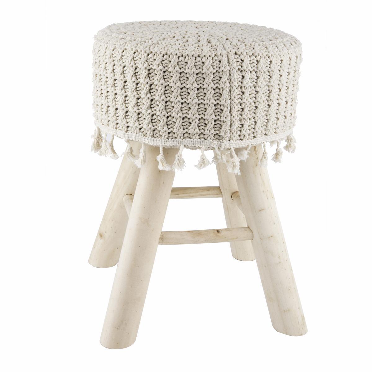 Tabouret tressé pompons - 30 x H 42 cm - Beige