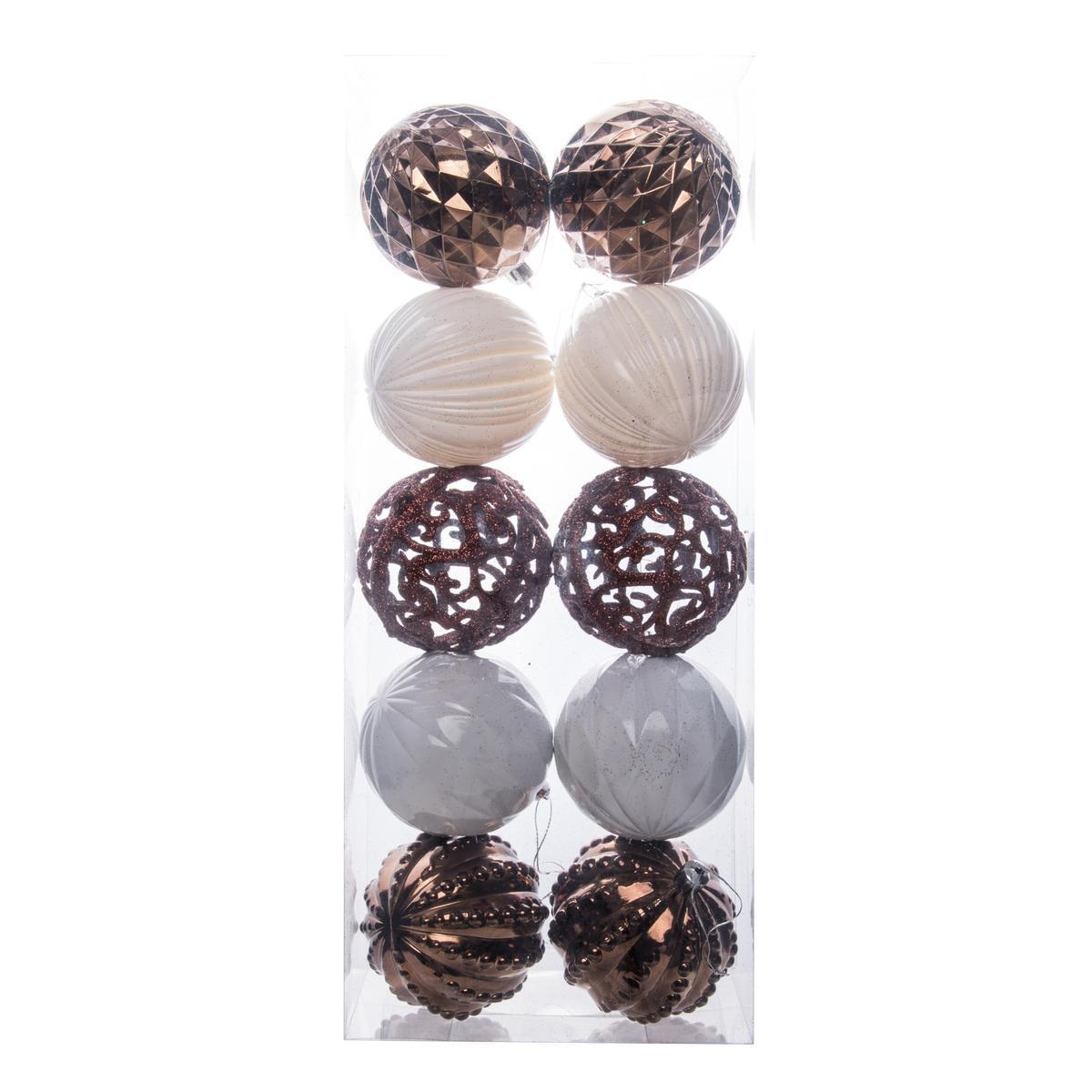 10 boules de Noël - ø 8 cm - Marron, blanc