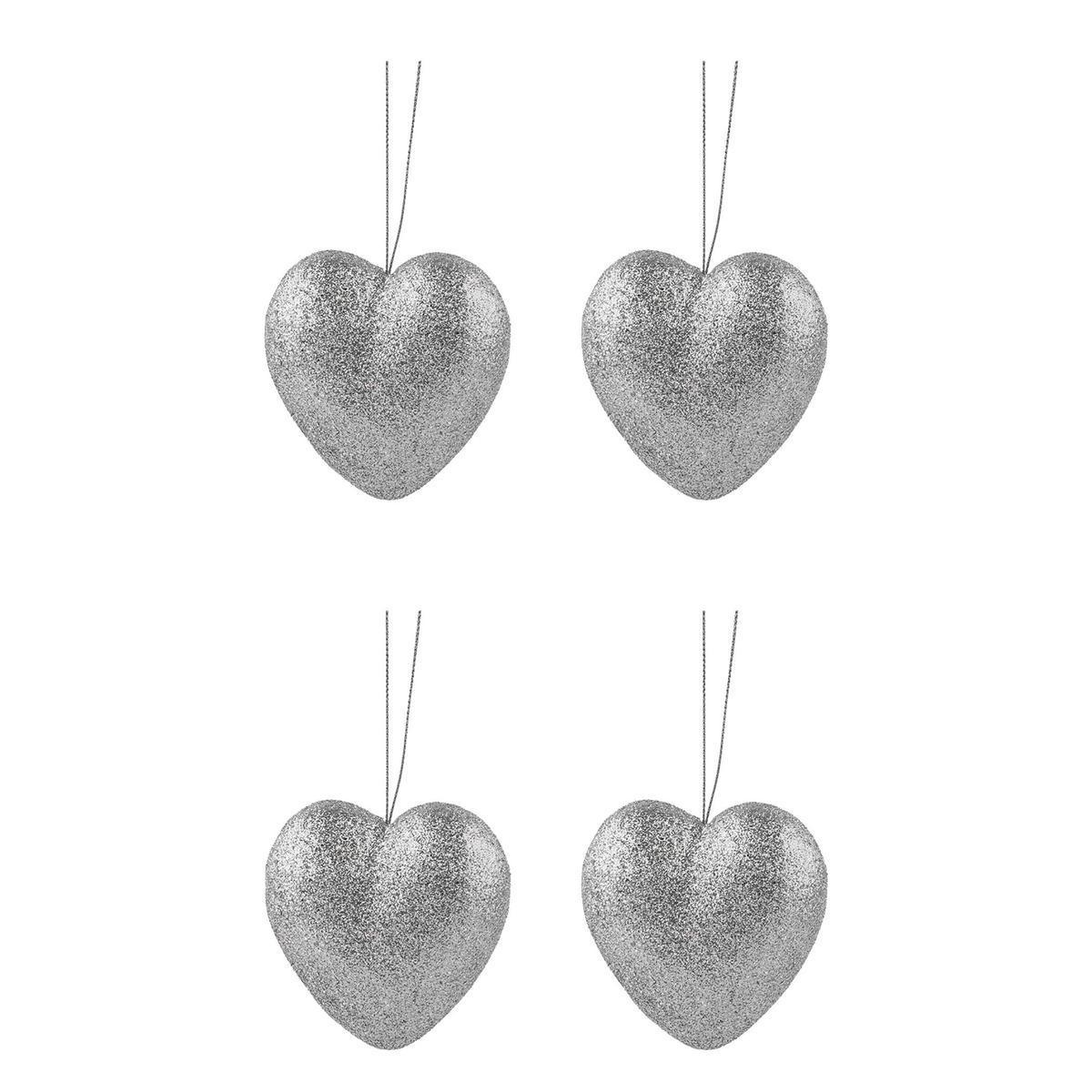 4 suspensions cœur à paillettes - ø 7.5 cm - Différents modèles - Argent