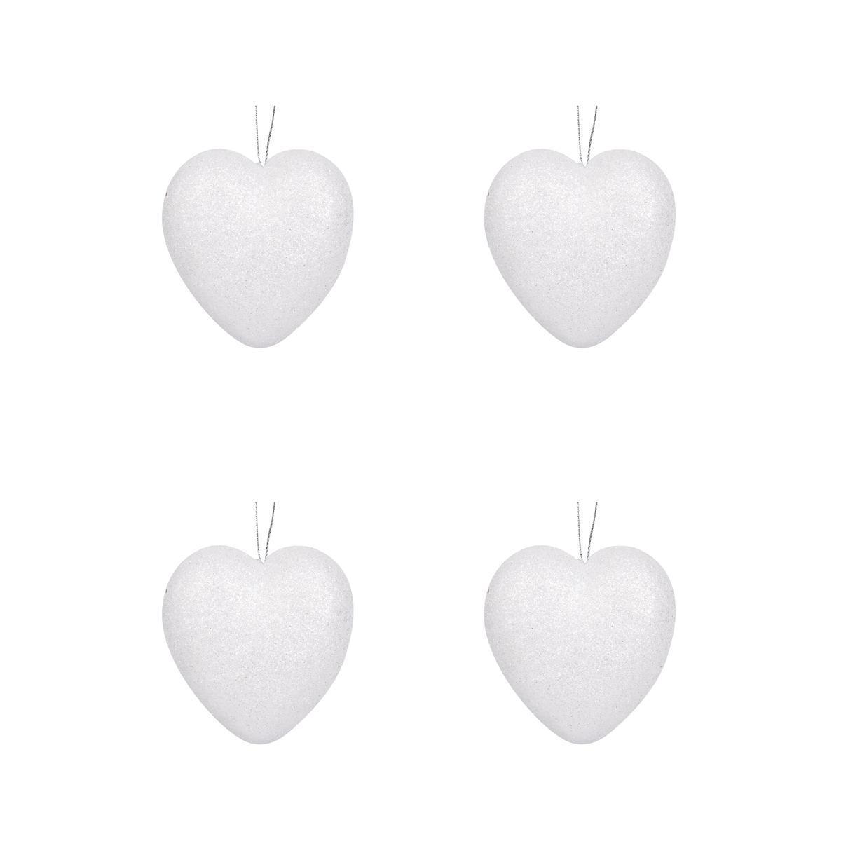 4 suspensions cœur à paillettes - ø 7.5 cm - Différents modèles - Blanc