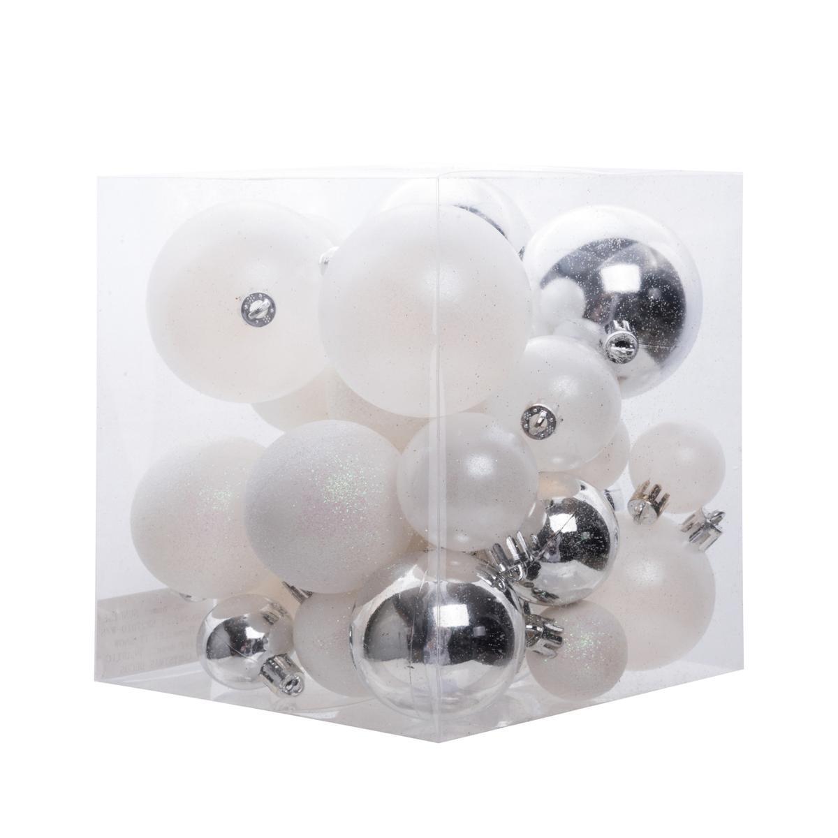 31 boules de Noël - ø 3 à 6 cm - Argent, blanc