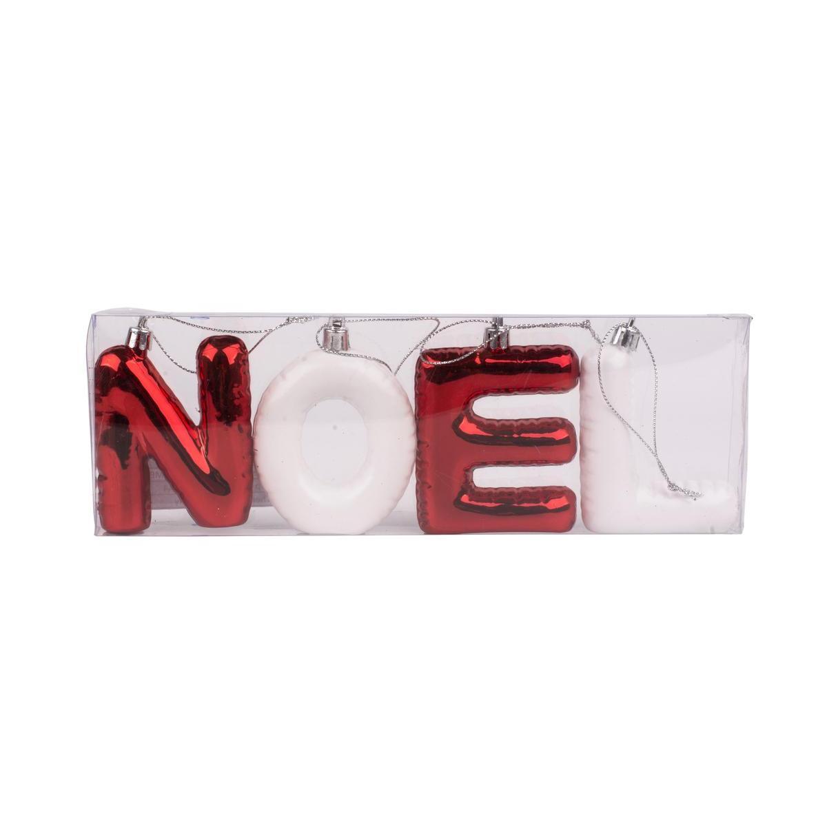 4 suspensions lettres de Noël - 6 x 2 x 8 cm - Rouge, blanc