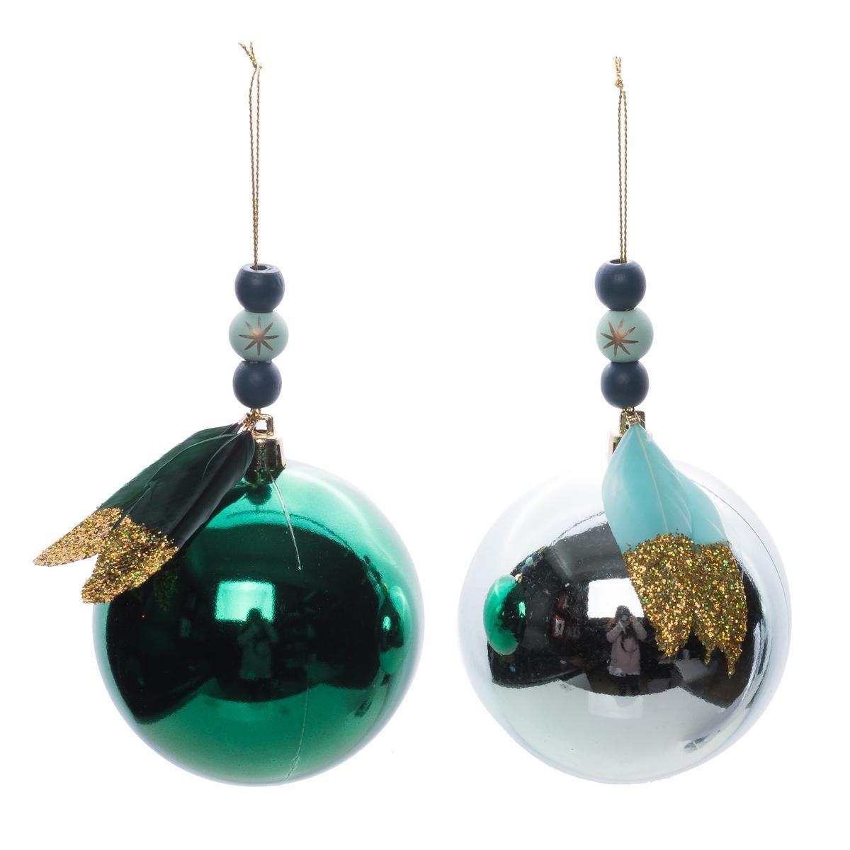 Boule à plumes et perles - ø 8 cm - Différents coloris - Vert, bleu, or