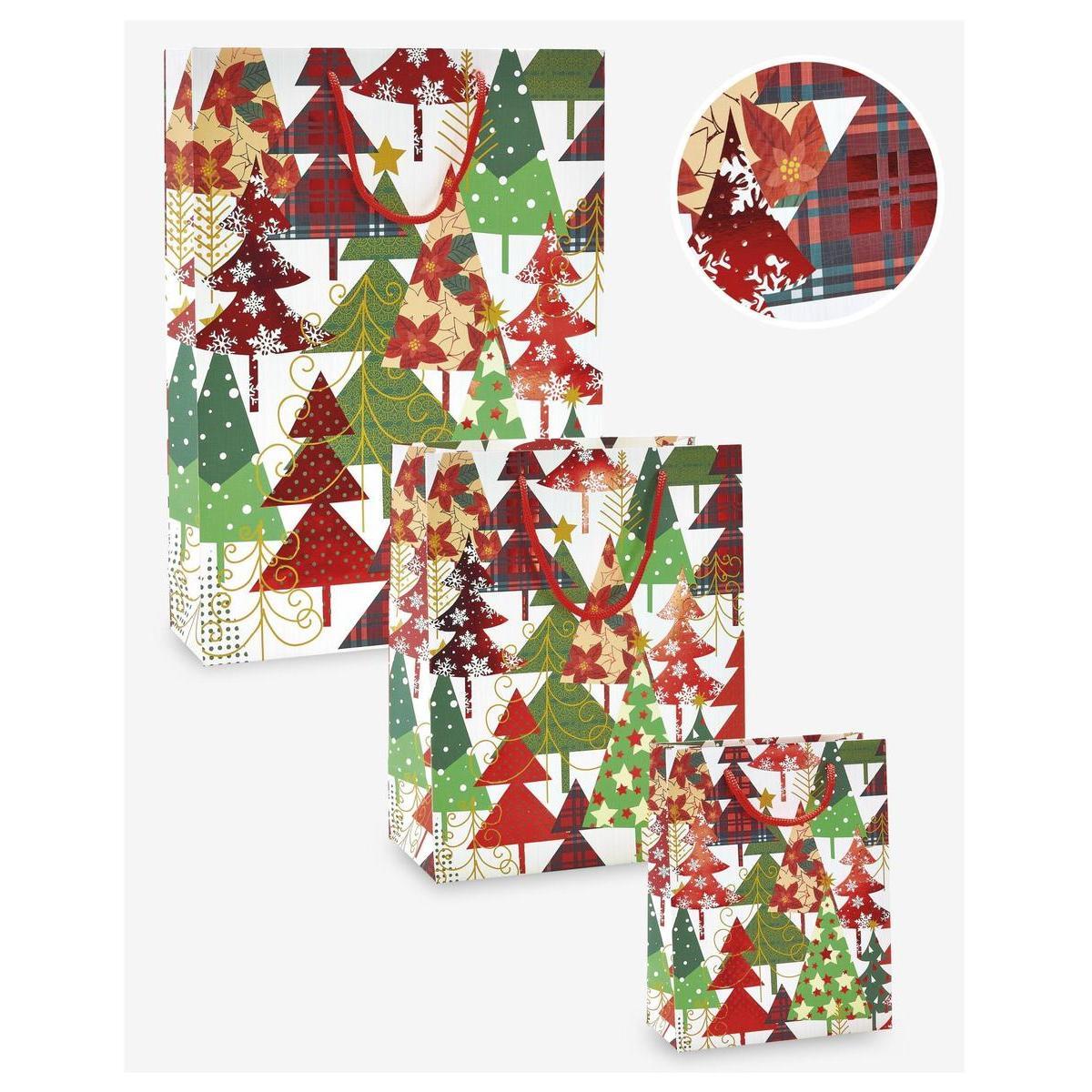 Sac cadeaux motif forêt de sapins - 33 x 10.5 x H 46 cm (Taille XL) - Différents formats disponibles - Multicolore