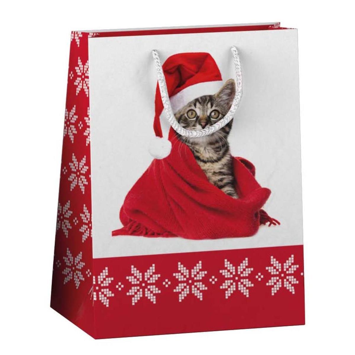Sac cadeau motif chat de Noël - Taille M - Différents formats - Rouge, blanc