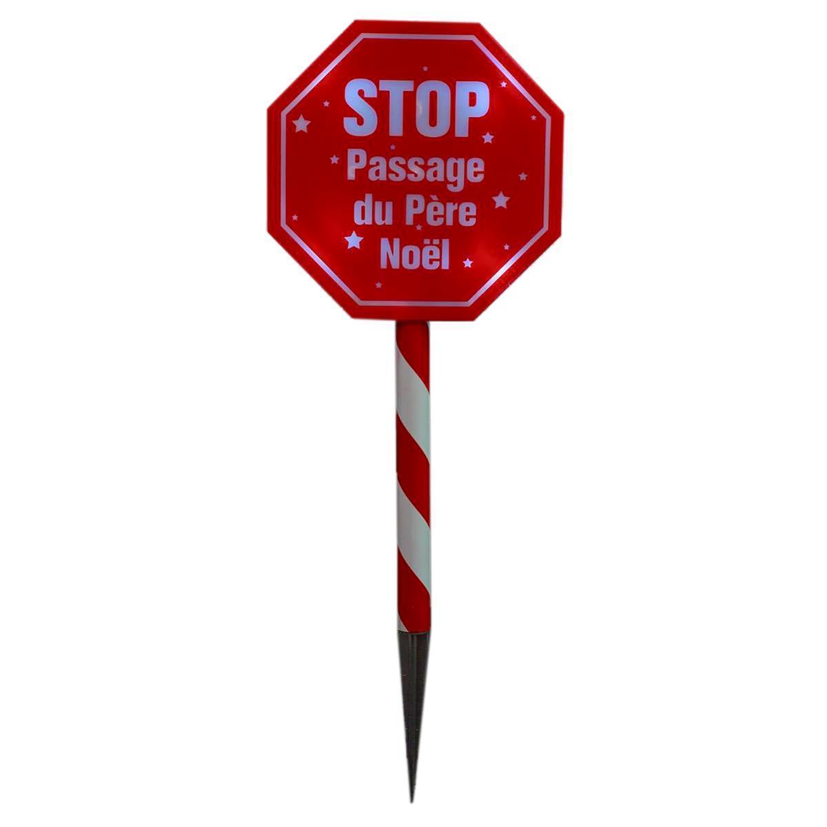 Panneau de Stop solaire Père Noël en vadrouille - 17 x 17 x H 56 cm - Rouge, blanc
