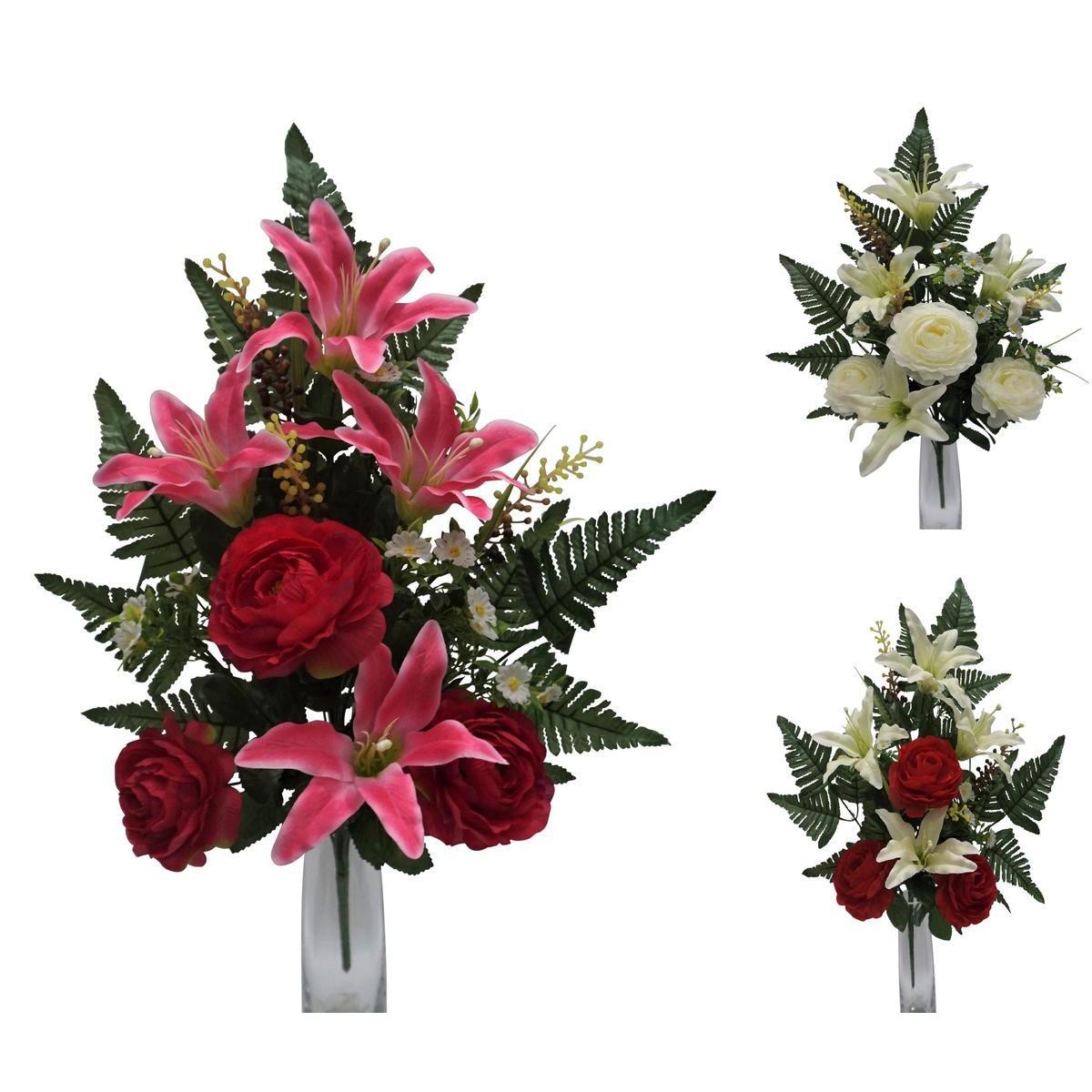 Bouquet de renoncules et lys synthétiques - H 58 cm - Différents coloris - Rouge, rose, vert, blanc