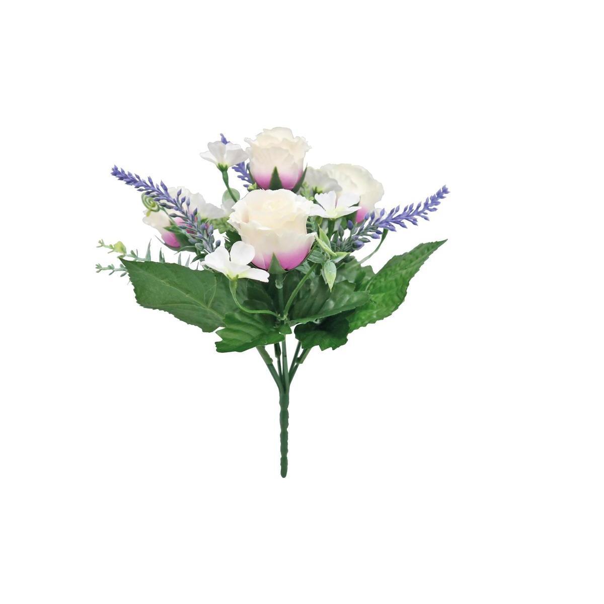 Bouquet de roses et de lavande synthétiques - H 26 cm - Différents coloris - Rose, vert, blanc