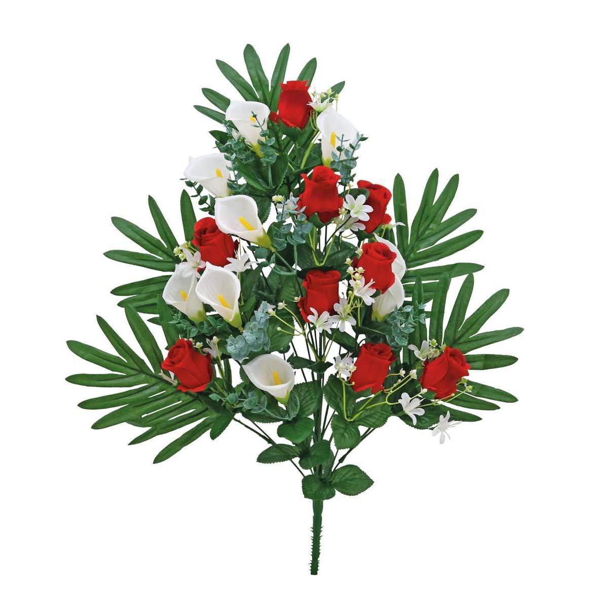 Bouquet de roses, de lys et d'arums synthétiques - H 60 cm - Différents coloris - Rouge, vert, blanc
