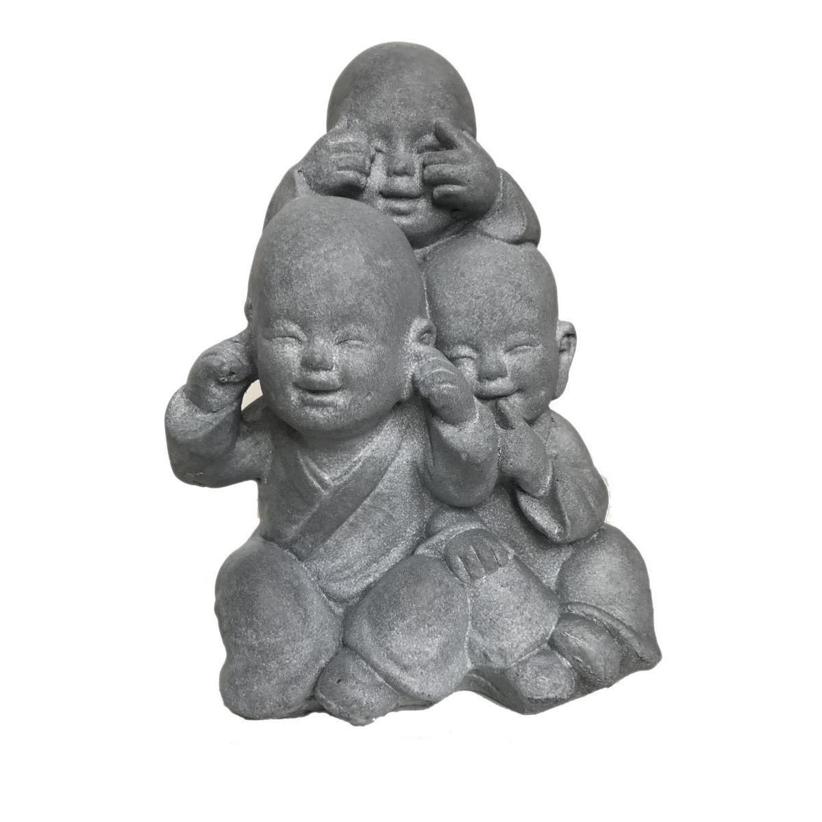 Statue 3 enfants Bouddhas - H 36 cm - Gris - MOOREA