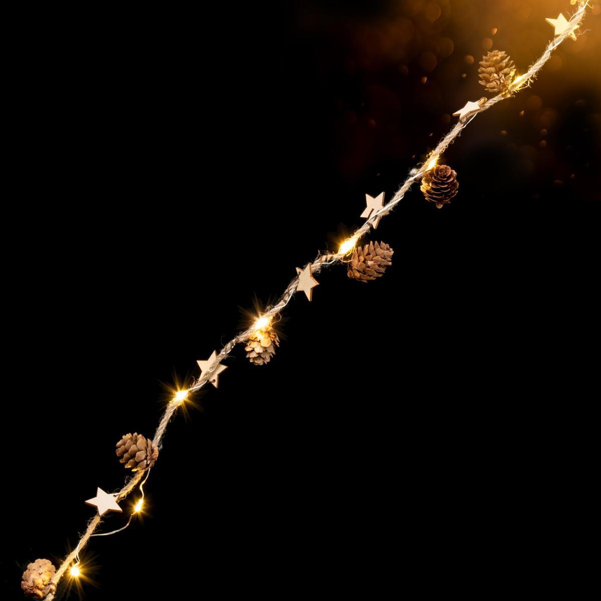 Guirlande électrique étoiles nature 15 LEDs - 140 + 30 cm - Marron, blanc chaud